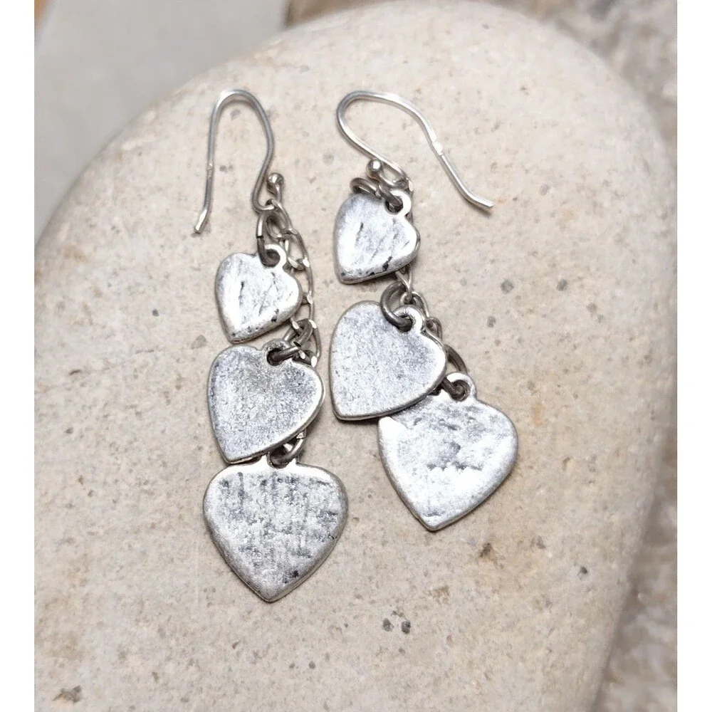 .925 Sterling Silver Hammered Heart Chain Dangle Earrings